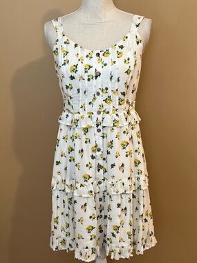 Altar’d State Lemon Citrus Kiwi print ruffle boho summer mini dress- button down